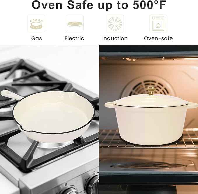 QuliMetal Enameled Cast Iron Cookware Set, 5-Piece – 2.3QT Dutch Oven, 4.7QT Braiser, 10" Skillet, 9x5" Oval Bread Pan & Rack – Versatile Oven-Safe Enamel Cast Iron Pots and Pans for Home Cooking