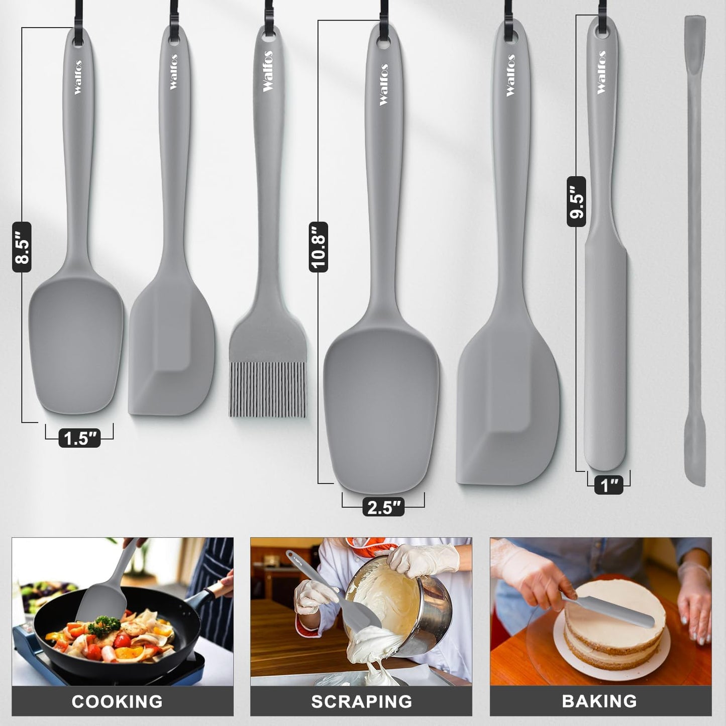 Walfos Silicone Spatula Set (7pcs) - 600℉ Heat Resistant Silicone Scraper Spatulas with Stainless Steel Core, Non Stick Flexible Rubber Spatula for Cooking, Baking and Mixing, Gray