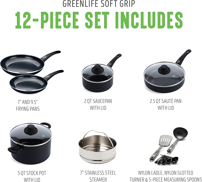 GreenLife Soft Grip Healthy Ceramic Nonstick 12 Piece Kitchen Cookware Pots and Frying Sauce Saute Pans Set, PFAS-Free with Kitchen Utensils and Lid, Dishwasher Safe, Black