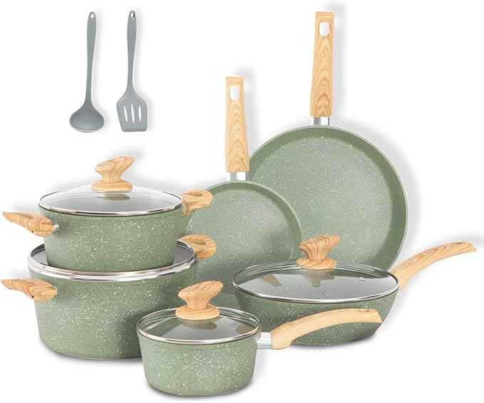 DishDelight Induction Pots and Pans Set Non Stick, 12 Piece Nonstick Induction Granite Kitchen Cookware Sets, Induction Cookware Nonstick Granite Cooking Set, PFOA&PFOS Free, Green