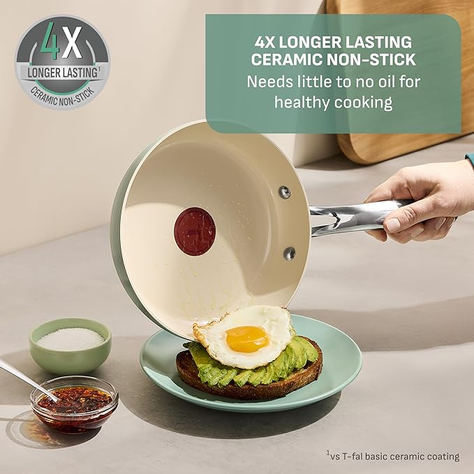 T-Fal Inspire Ceramic Frying Pans Nonstick 10.5 Inch Skillet with Lid, Oven Safe to 500°F, Cookware Stainless Steel Handle, Mint Green