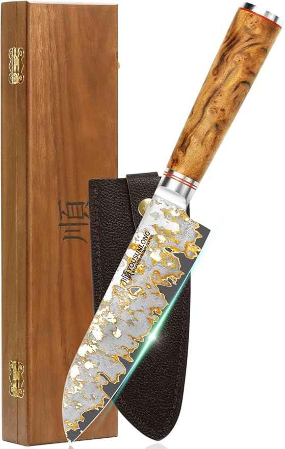 YOUSUNLONG Bunka Chef's Knives - Japanese Handmade CuMai Copper Damascus Steel Blade of 7 Inch - Professional Kitchen Knife Razor Sharp - Naturel Burl Wooden Handle with Leather and Wood Box