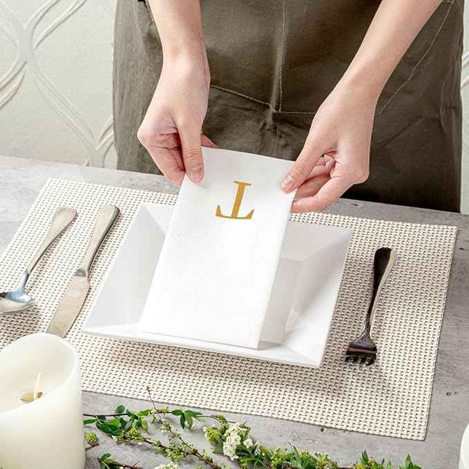 Luxenap 15.8 X 7.9 Inch Linen-Feel Guest Towels, 2000 Lettered Hand Towels - Gold Letter 'T', Sans Serif Font, White Paper Dinner Napkins, airlaid, For Restrooms And Tables