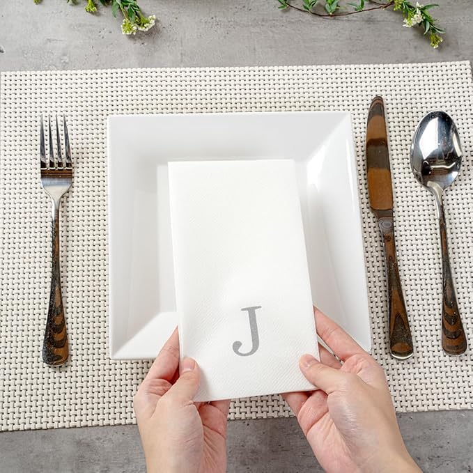 Luxenap 15.8 X 7.9 Inch Linen-Feel Guest Towels, 50 Lettered Hand Towels - Silver Letter 'J', Sans Serif Font, White Paper Dinner Napkins, airlaid, For Restrooms And Tables - Restaurantware