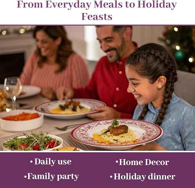 TUDOR Royal Collection 12-Piece Round Porcelain Dinnerware Set, Service for 4 with Dinner Plates, Bowls, and Salad Plates, Aster Pink Red Floral Design, High Gloss Finish, Durable & Premium Quality