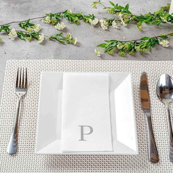 Luxenap 15.8 X 7.9 Inch Linen-Feel Guest Towels, 2000 Lettered Hand Towels - Silver Letter 'P', Sans Serif Font, White Paper Dinner Napkins, airlaid, For Restrooms And Tables - Restaurantware