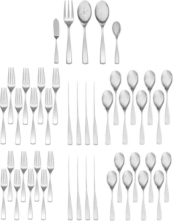 nambe Anna Flatware, 45-Pc Set, 18/10 Mirror Stainless Steel Silverware Cutlery Set, Designed for Home Kitchens, Hotel, or Restaurants, Service for 8 and a 3pc Hostess Utensil Set, Dishwasher Safe