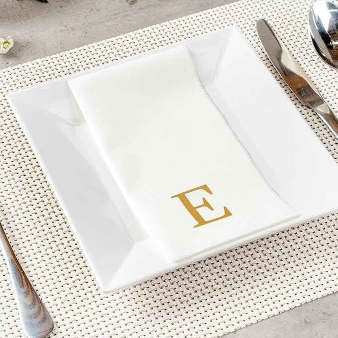Luxenap 15.8 X 7.9 Inch Linen-Feel Guest Towels, 2000 Lettered Hand Towels - Gold Letter 'E', Sans Serif Font, White Paper Dinner Napkins, airlaid, For Restrooms And Tables - Restaurantware
