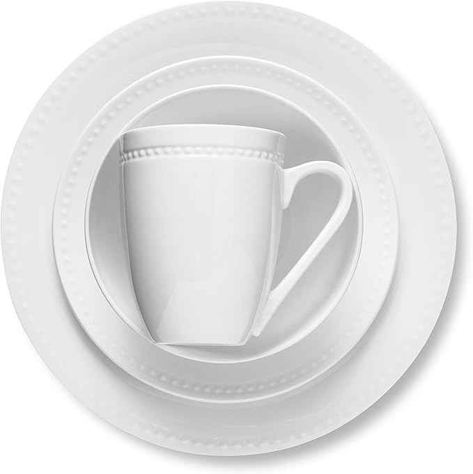 Stone Lain Ava Bone China Formal Dinnerware Set, 16-Piece Everyday Dish Service for 4 Includes Plates, Bowls, and Mugs | Chip + Scratch Resistant| White with Embossed Pinpoint Design