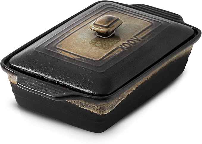 KOOV Ceramic Casserole Dish with Lid, Rectangular Baking Dish Set, Lasagna Pans for Cooking, 9 x 13 Inches, Stripe Series (Rough Black)