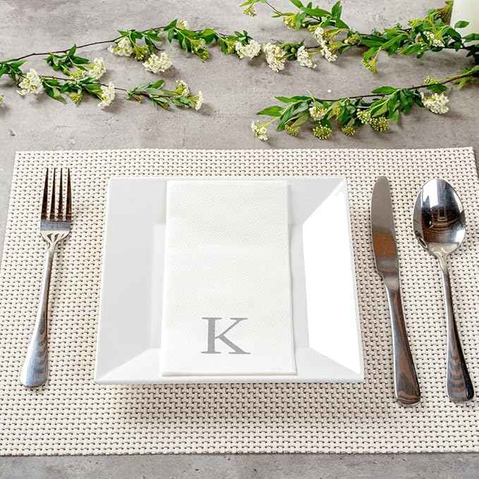 Luxenap 15.8 X 7.9 Inch Linen-Feel Guest Towels, 50 Lettered Hand Towels - Silver Letter 'K', Sans Serif Font, White Paper Dinner Napkins, airlaid, For Restrooms And Tables - Restaurantware