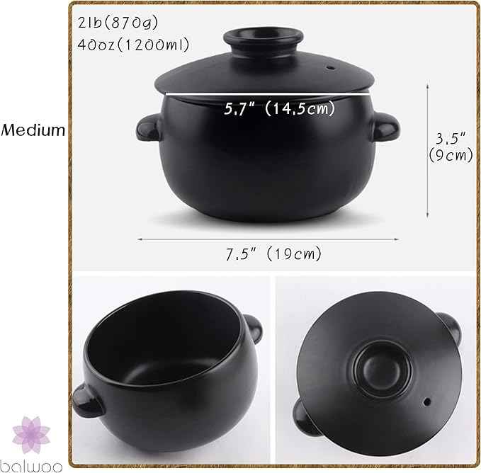 Korean Earthenware Pot Ttukbaegi, Ceramic Clay Cooking Pot Petalite Casserole, Heat Resistant Ceramic Pot, Zero-Crack Stone Bowl Stockpot Soup Cookware (Medium)