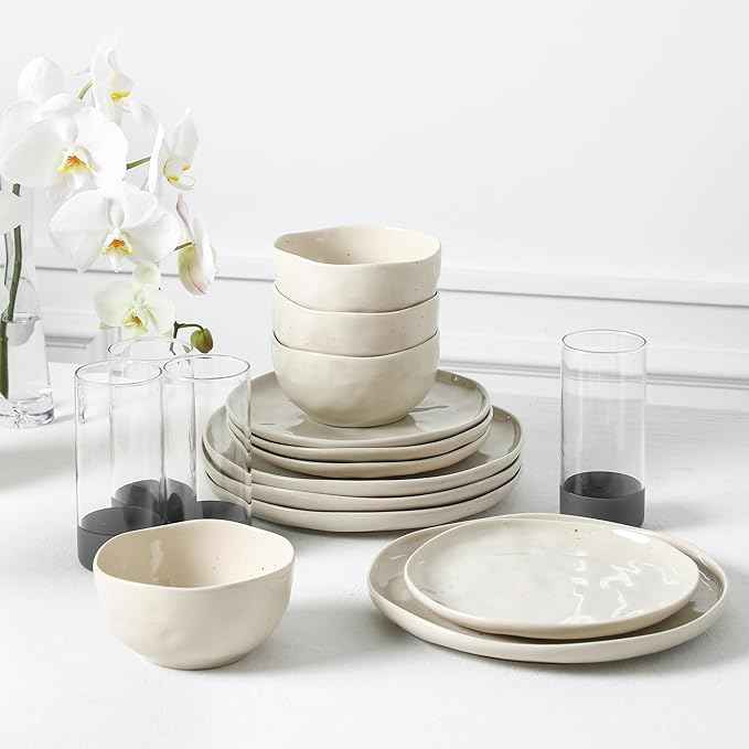 Stone Lain Mirella 16-Piece Dinnerware Set Stoneware, Borosilicate Glass, Beige