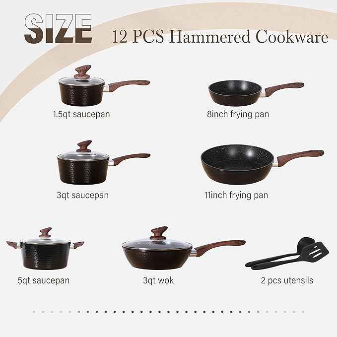 Kitchen Academy Induction Pots and Pans Set Non Stick - 12 Pcs Nonstick Kitchen Cookware Set, Black Hammered Cooking Pans Set