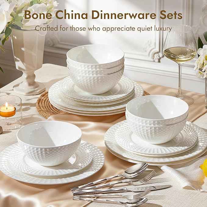KINGSTONE 24-piece Bone China Dinnerware Set and 40-piece silverware, White Lightweight Porcelain for 8, Plates, Bowls with matching flatware, Microwave and Dishwasher Safe, for Family, Gifting