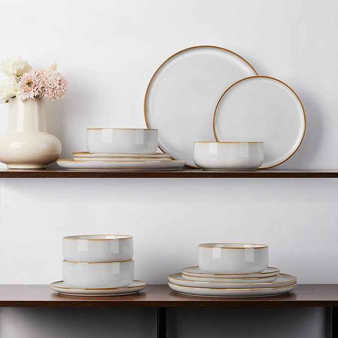 E-far Plates and Bowls Set for 8, 24-Piece Stoneware Dinnerware Sets, Ceramic Dinning Ware Reactive Glaze Dishes Set, Microwave & Dishwasher Safe - Seashell White