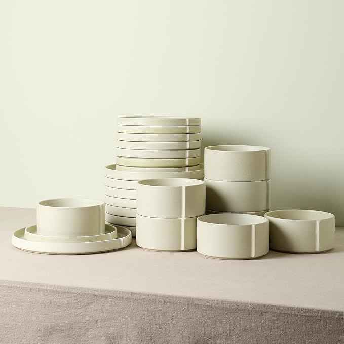 Stone Lain Bao 24-Piece Dinnerware Set Stoneware, Plates and Bowls Set, Dishwasher and Microwave Safe, Dish Set for 8, Beige