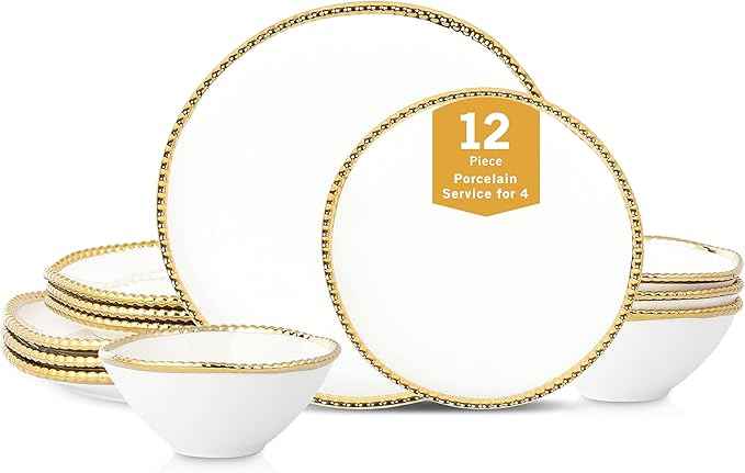 Christian Siriano Akoya Porcelain Dinnerware Set, 12-Piece - Dish Set for 4, Plates and Bowls Set, White and Gold