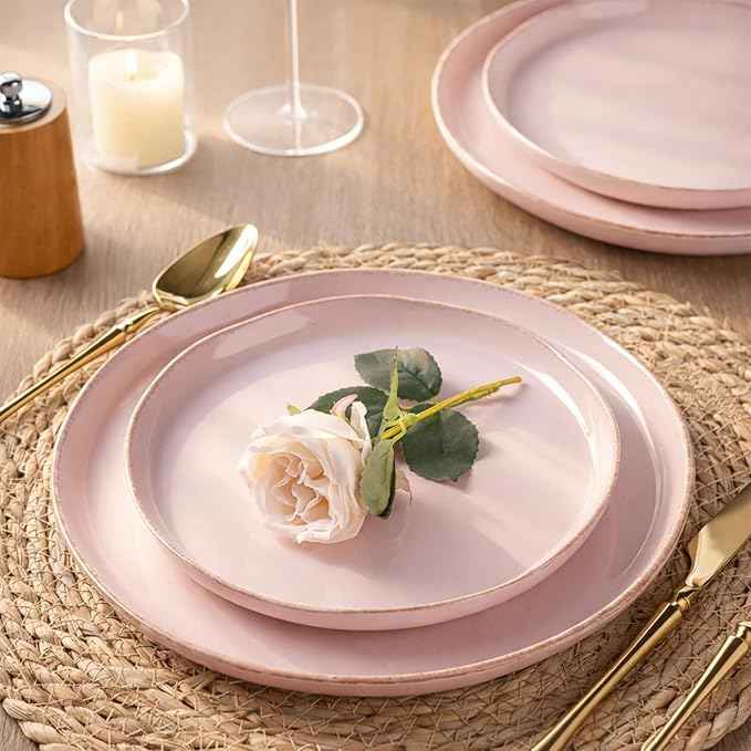 AmorArc Ceramic Dinnerware Sets for 4, 12 Pieces Handpainted Plates and Bowls Set with Rustic Terracotta Underside, Scratch Resistant Stoneware Dishes Set, Dishwasher & Microwave Safe