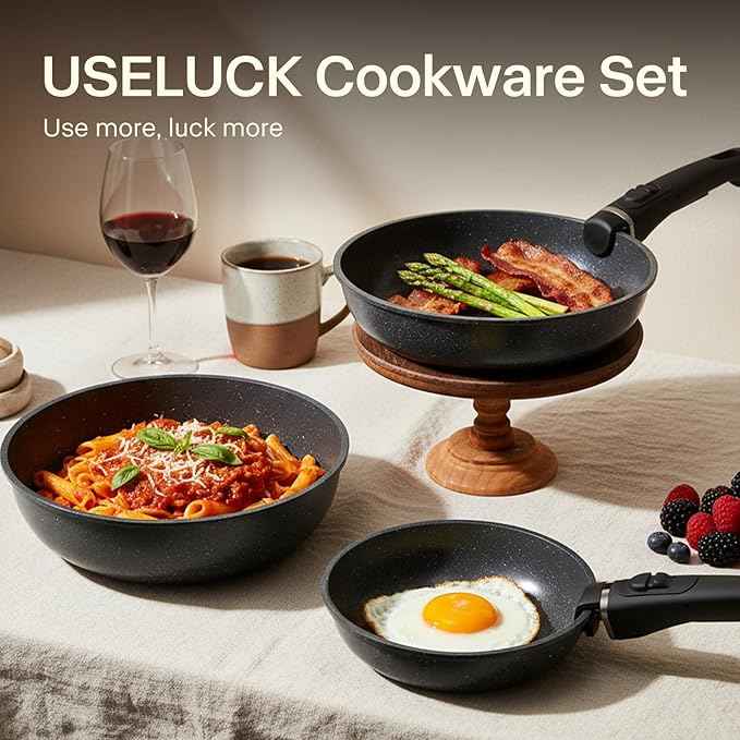 Pots and Pans Set Non Stick, Ceramic Cookware Sets 21 PCS, Granite Induction RV Kitchen Portable Stackable Cooking Set Removable Handles, Dishwasher ＆ Oven Safe, Black