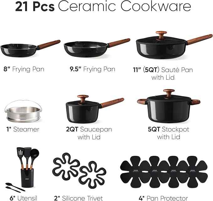CAROTE 21pcs Cookware Set Nonstick Pots and Pans Set, Ceramic Cookware Set Induction Cookware, Non toxic Healthy Non Stick Kitchen Cooking Set, PFAS PTFE Free, Black
