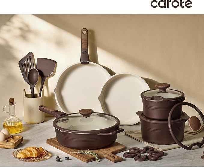 CAROTE 22Pcs Titanium Cookware Set, Pots and Pans Set Non Stick, Kitchen Cooking Set with Detachable Handle, Non Toxic Induction Cookware, Dishwasher/Oven Safe, Browm