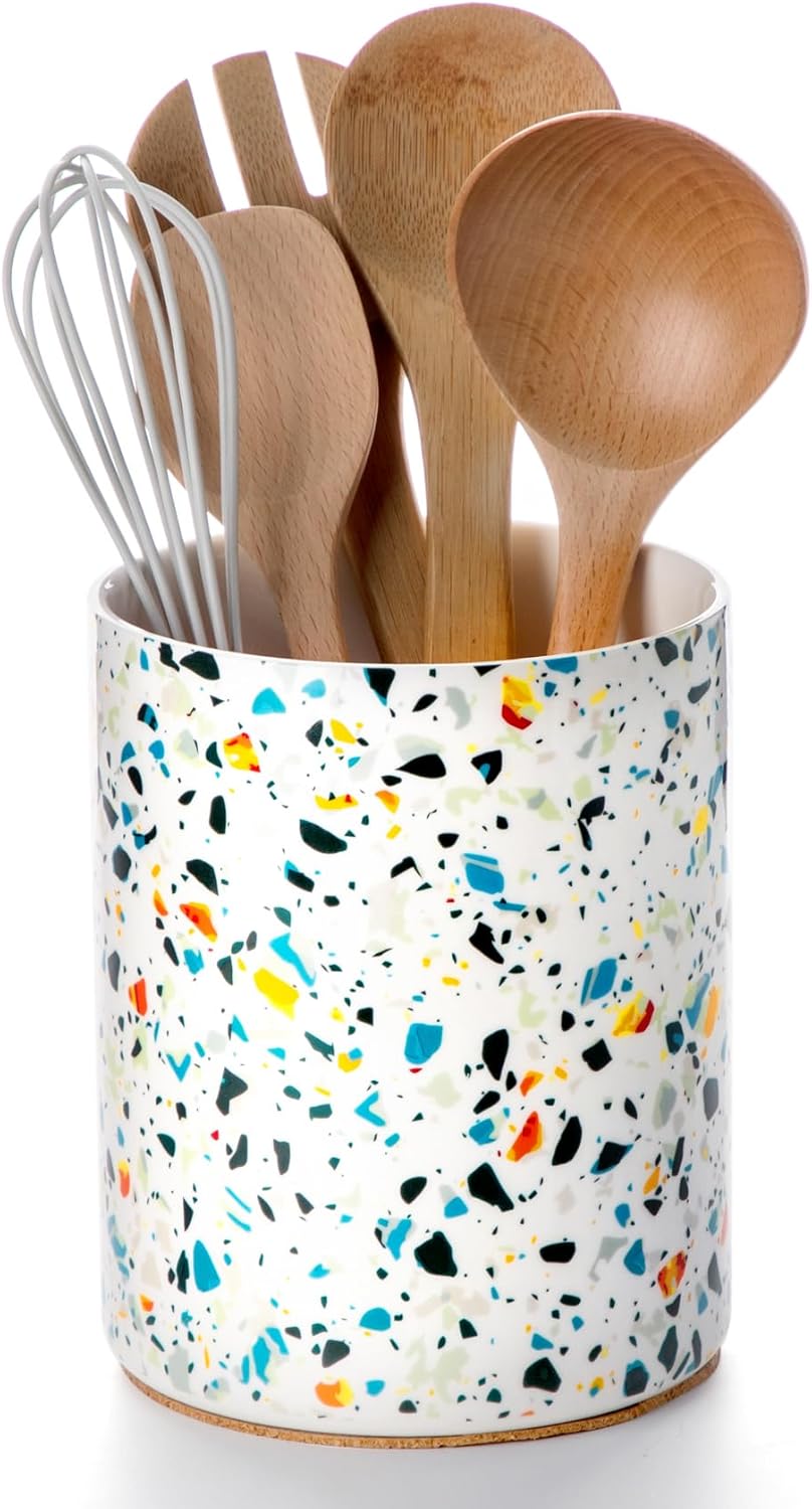 Nucookery Utensil Holder, 6.4" Ceramic Kitchen Utensil Holder for Countertop with Protection Cork Bottom, Vintage Farmhouse Kitchen Decor for Counter, Gift (Marble Pattern)