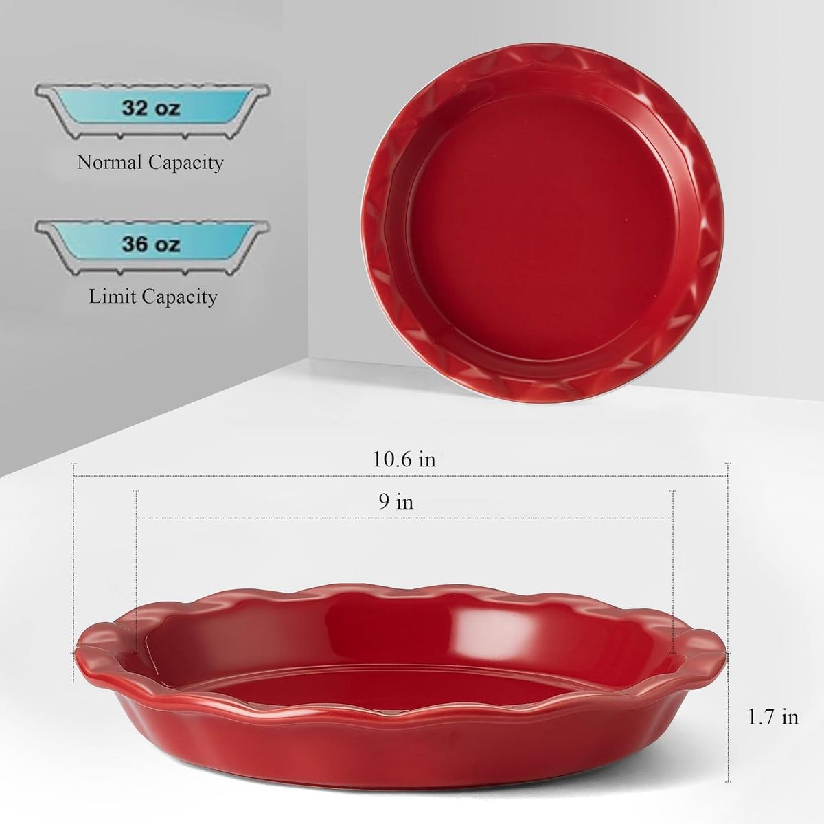 Lareina Ceramic Pie Pans for Baking, 9 Inches Pie Plate for Apple Pie, 36 Ounce Round Baking Dish, Set of 2, Thanksgiving day Gifts for Women, Red - HomeSpice