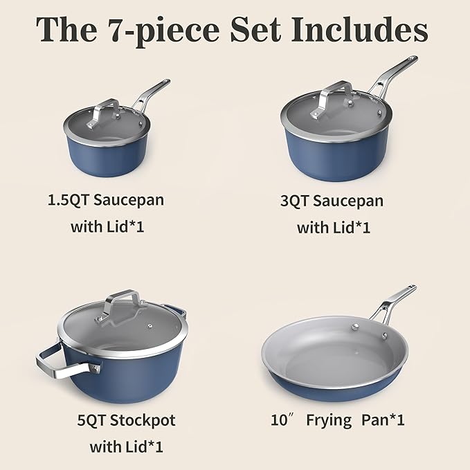 7-Piece Ceramic Nonstick Cookware Set with Lids - PFAS/PTFE/PFOA Free, Interior & Exterior Ceramic Coating -Easy to Clean- Kitchen Storage-All Stovetop Compatible & Oven-Safe up to 480°F