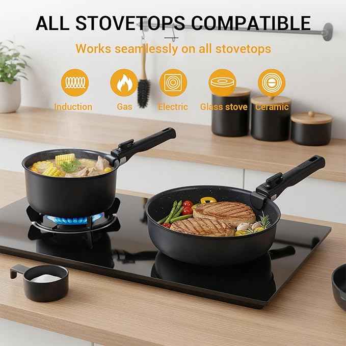 Ammeloo 21-Piece Ceramic Pots and Pans Set Non Stick with Detachable Handles and Egg Frying Pan, Non-Toxic Cookware, Induction Ready, Oven Safe, Stackable for Storage, Black Speckled