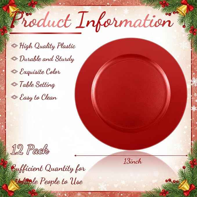 Tanlade 12 Pcs 13 Inch Charger Plates Bulk Round Wedding Chargers Plastic Dinner Plates for Table Setting Wedding Party Decoration (Red)