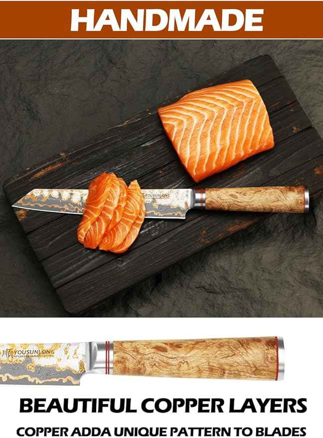 YOUSUNLONG Sujihiki Slicing Knife - 8 Inch Sashimi Sushi Knife - Handmade CuMai Copper Damascus Steel - Japanese Yanagiba Carving Knives Ultra Sharp - Naturel Burl Wooden Handle with Leather