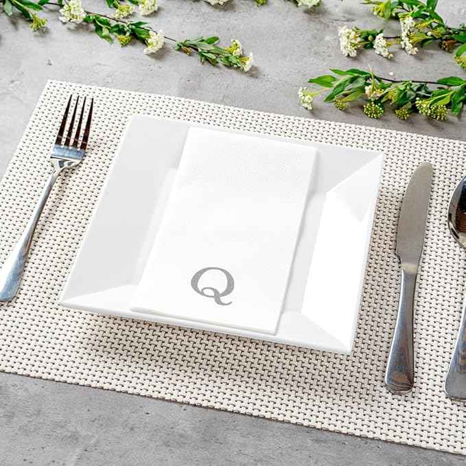 Luxenap 15.8 X 7.9 Inch Linen-Feel Guest Towels, 50 Lettered Hand Towels - Silver Letter 'Q', Sans Serif Font, White Paper Dinner Napkins, airlaid, For Restrooms And Tables - Restaurantware