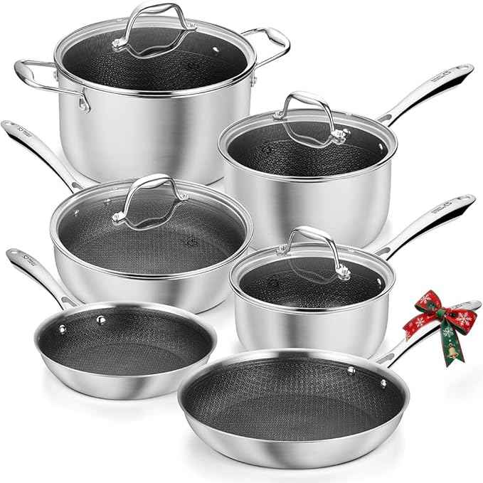 KOCH SYSTEME CS Triply Stainless Steel Cookware Set 10PCS, Nonstick Hybrid Pots and Pans Set, Nontoxic Kitchen Cookware Set with Honeycomb Interior, Pots and Pans Set Non Stick, Induction Compatible