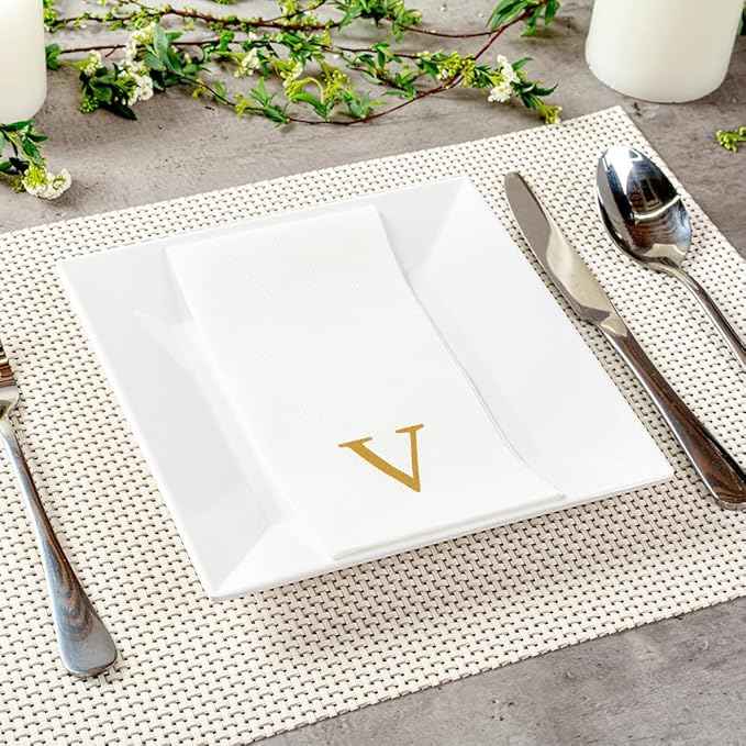 Luxenap 15.8 X 7.9 Inch Linen-Feel Guest Towels, 2000 Lettered Hand Towels - Gold Letter 'V', Sans Serif Font, White Paper Dinner Napkins, airlaid, For Restrooms And Tables