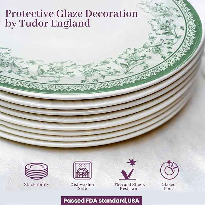 Tudor Royal 12-Piece Round Porcelain Dinnerware Set, Service for 4 - Aster Green Design, Multicolor Floral, Plates Bowls Mugs Dishes, Premium Quality Tableware, Unique Pattern, Glossy