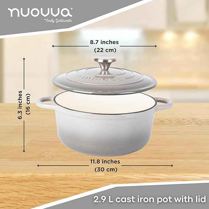 Cast Iron Dutch Oven with Lid – Non-Stick Ovenproof Enamelled Casserole Pot – Sturdy Dutch Oven Cookware – Grey, 3.1-Quart, 22cm – by Nuovva