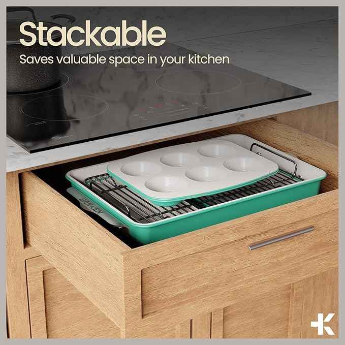 Bakken 8-Piece Ceramic Coated Bakeware Sets, Nonstick Aluminized Steel Pans with Muffin, Loaf, Cake, Roasting Pan, & Cooling Rack, Oven Safe Up To 500°F, Dishwasher Safe, BPA, PTFE & PFAS Free, Teal