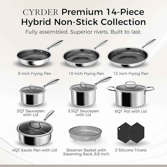 Nonstick Pots and Pans Set, 14 Piece Hybrid Hex Non Stick Stainless Steel Cookware with Frying Pans, Saute Pan, Saucepans & Stock Pot - Induction Compatible, Dishwasher &Oven Safe, PFOA Free