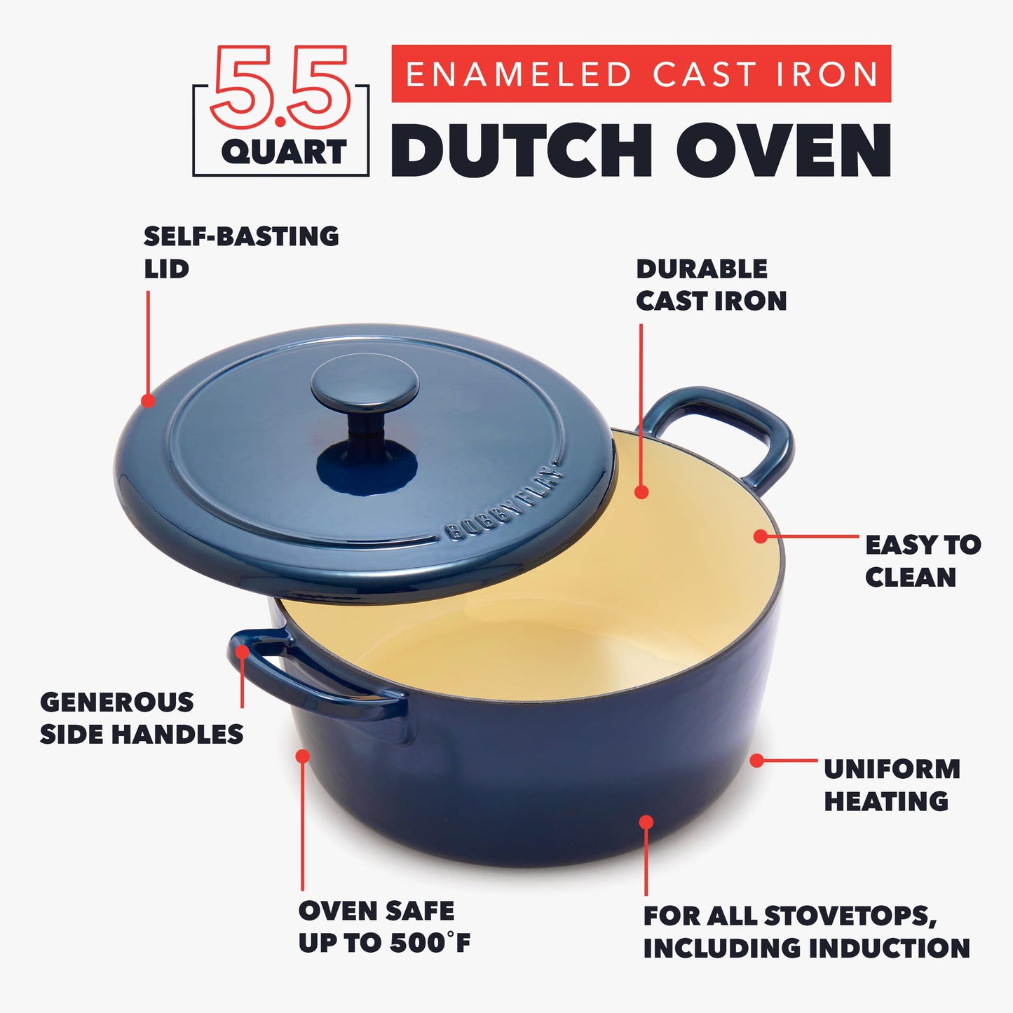 x Bobby Flay 5.5QT Enameled Cast Iron Dutch Oven With Lid