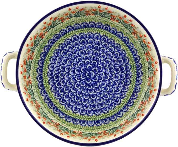 Polmedia Polish Pottery Round Baker with Handles 10-inch - Crimson Bells Pattern Handmade in Boleslawiec Poland by Ceramika Artystyczna + Certificate of Authenticity