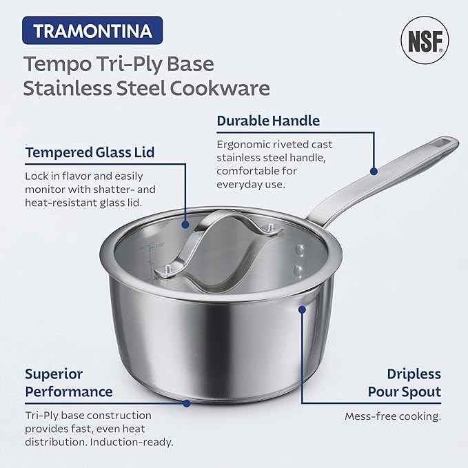 Tramontina Tempo Tri-Ply Base Stainless Steel 10-Piece Cookware Set with Glass Lids, Pots and Pans Kitchen Set, Induction-Ready, Oven-Safe, Dishwasher-Safe
