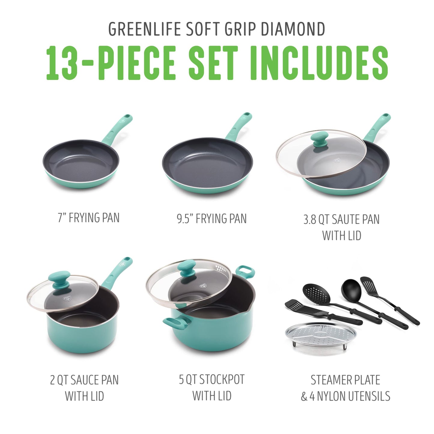 Soft Grip Diamond Healthy Ceramic Nonstick 13 Piece Cookware Pots and Pans Set (13 Piece Cookware Set / Turquoise)