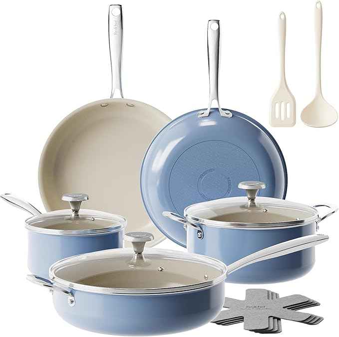 Redchef Ceramic Nonstick Cookware Set,14pcs Pots and Pans Set Non Stick,Induction Cookware with Stainless Steel Handle,Non Toxic Kitchen Cooking Set,Dishwasher & Oven Safe,PFAS PFOA & PTFE Free（Blue）