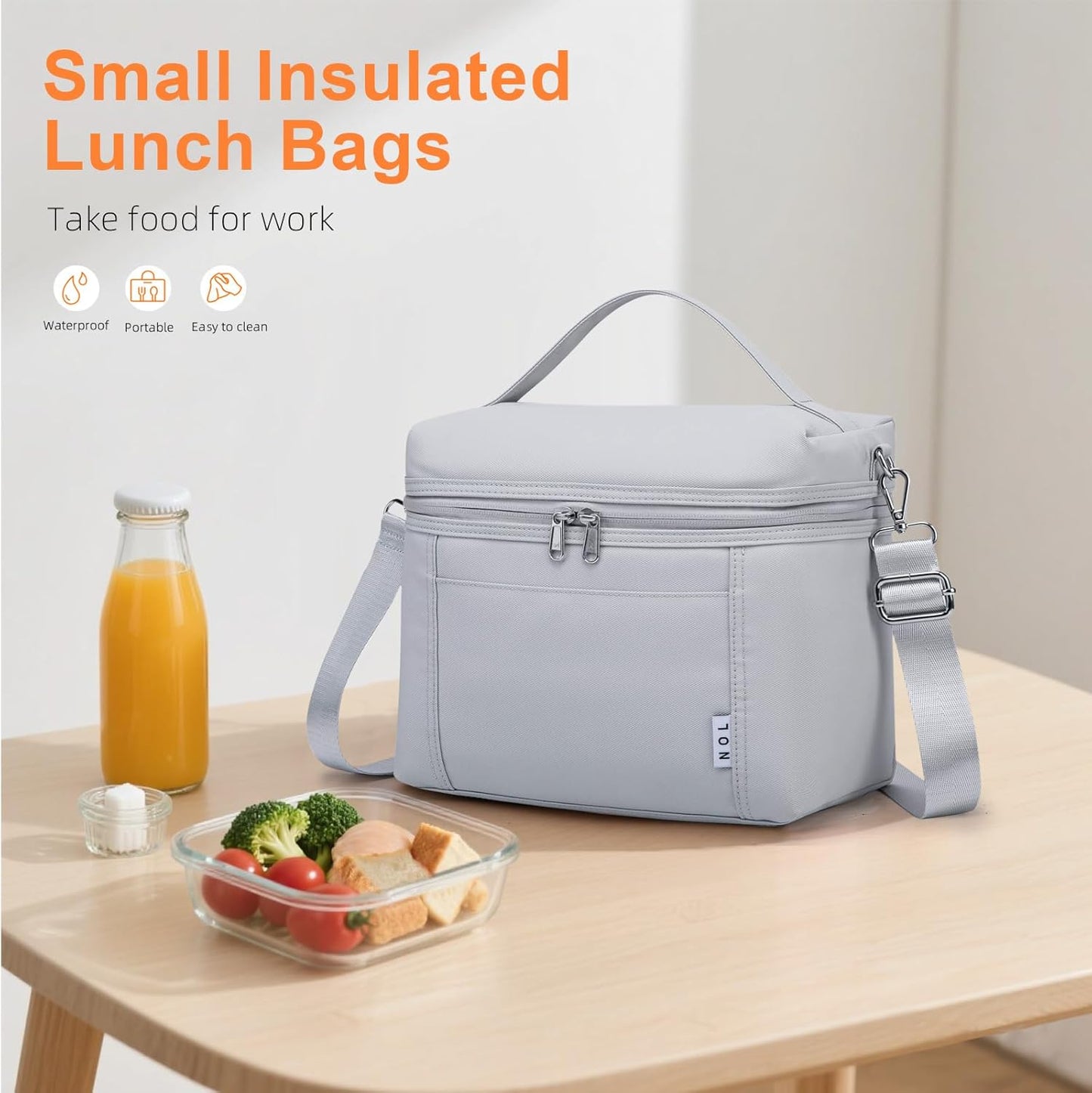 NOL Natural Organic Lifestyle Insulated Lunch Bags for Women Cooler Bag Lightweight Nylon Waterproof Lunch Box For Work (Small，Gray White)