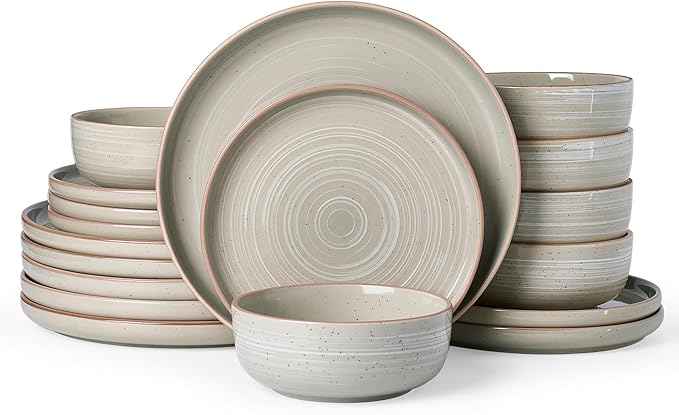 Famiware Meteor Plates and Bowls Sets, 18-Piece Stoneware Dinnerware Sets, Dishes Set for 6, Microwave and Dishwasher Safe Tableware, Matcha Green