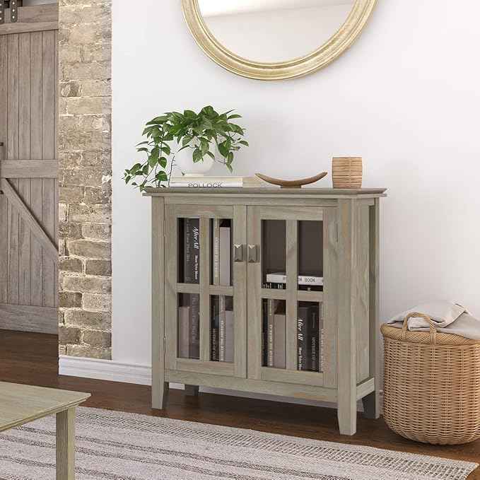 SIMPLIHOME Artisan SOLID WOOD 30 Inch Wide Contemporary Low Storage Cabinet in Distressed Grey, For the Living Room, Entryway and Family Room