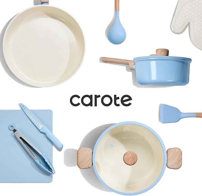 CAROTE 24pcs Ceramic Cookware Set, Pots and Pans Non Stick Kitchen Cookware Sets, Pots and Pans Set Cooking Set with Knife Set
