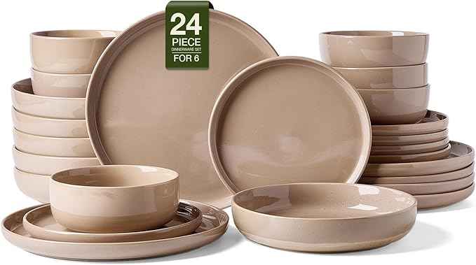 Famiware Milkyway Stoneware Dinnerware Sets with Pasta Bowls, Service for 6 (24 Pieces), Plates and Bowls Sets -Scratch Resistant, Microwave and Dishwasher Safe Dishes Set, Cinnamon Brown
