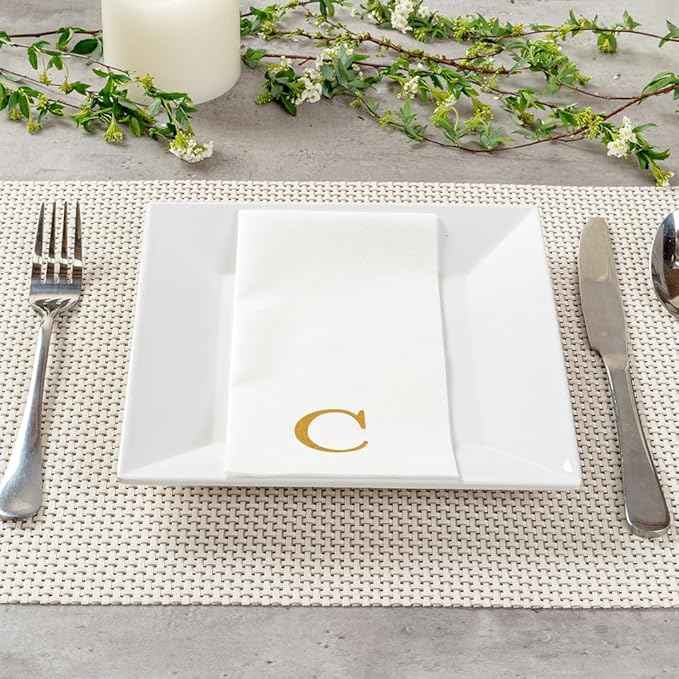 Luxenap 15.8 X 7.9 Inch Linen-Feel Guest Towels, 2000 Lettered Hand Towels - Gold Letter 'C', Sans Serif Font, White Paper Dinner Napkins, airlaid, For Restrooms And Tables - Restaurantware
